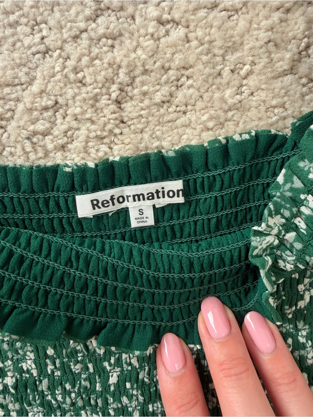 Reformation Smocked Green Floral Square-Neck Top